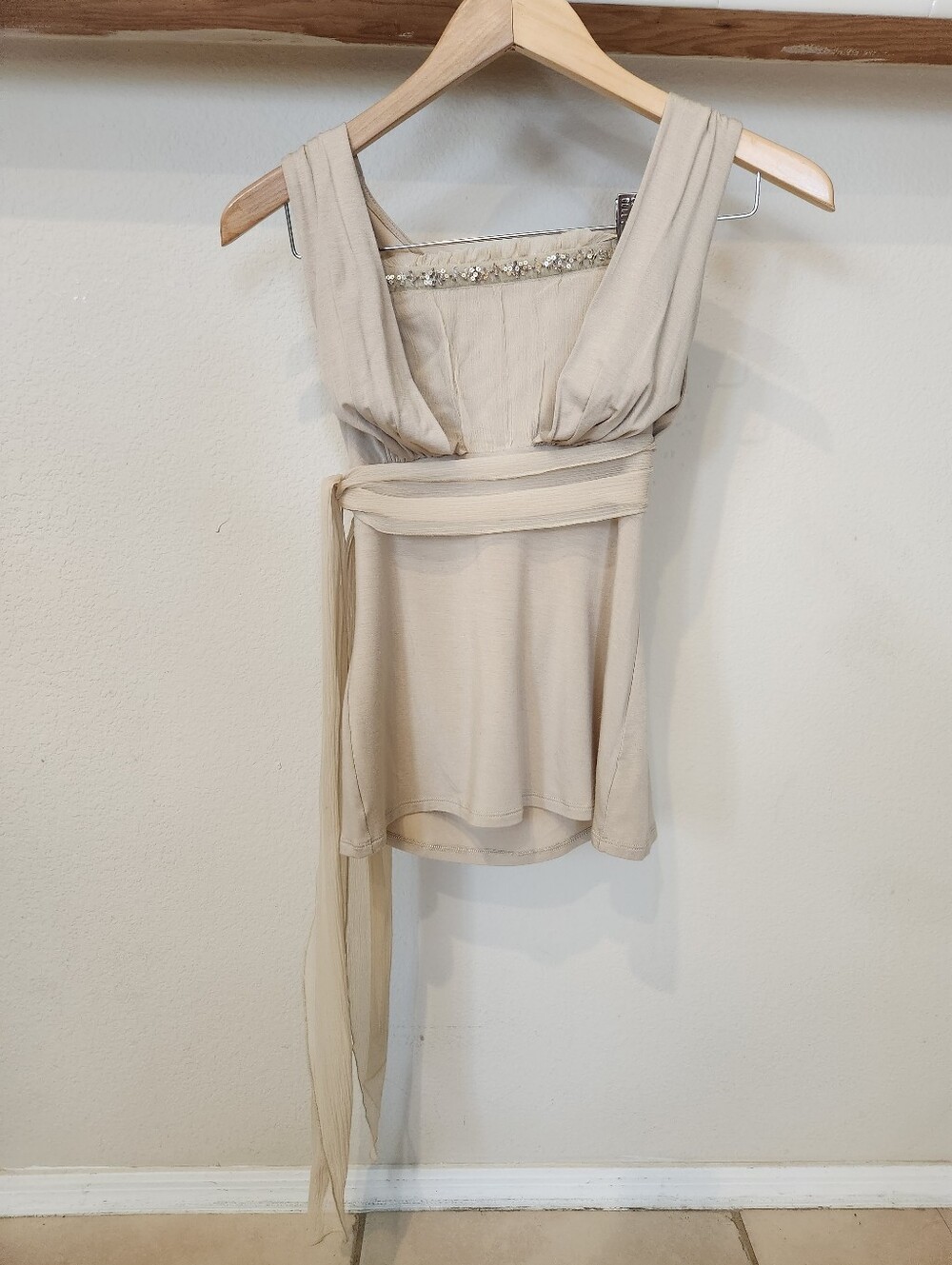 White House Black Market Beige Sleeveless V-Neck Tank with Waist Tie